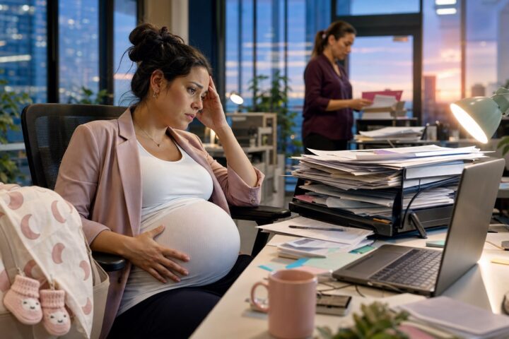 Pregnant office worker holds her belly and presses her temple beside an overflowing desk and packed baby bag.