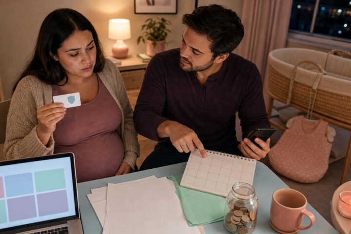 Pregnant woman holds a blank health card while her partner reviews a calendar, phone, forms, and coin jar at home.