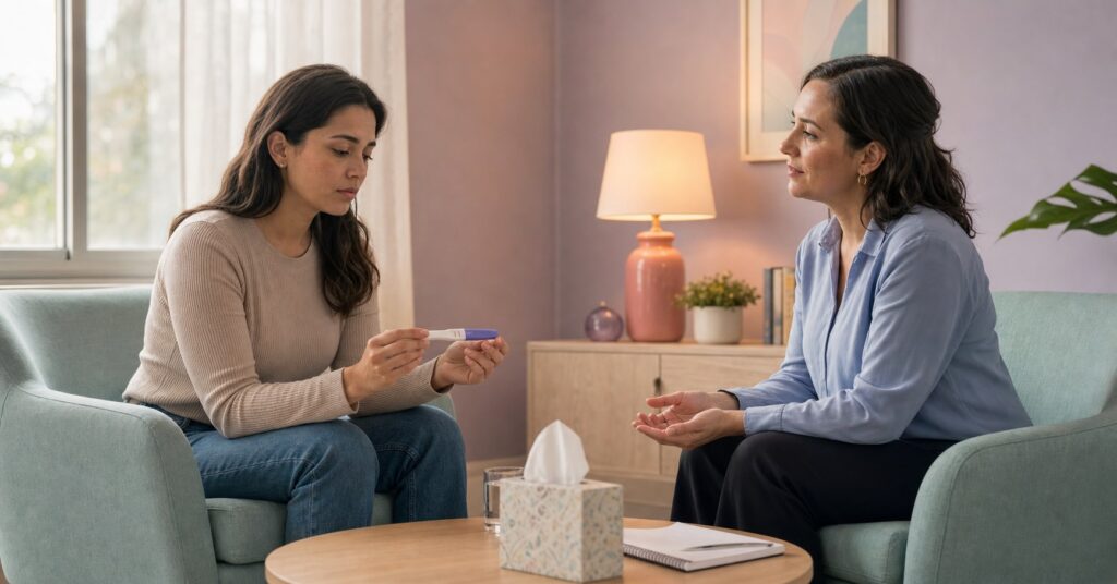 Woman studies a positive pregnancy test while a counselor listens with open hands in a private room.