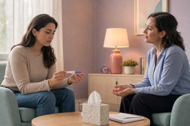 Woman studies a positive pregnancy test while a counselor listens with open hands in a private room.