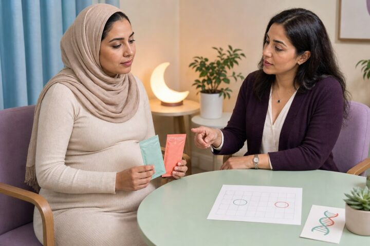 Pregnant woman holds two sealed testing envelopes while a counselor points between them beside a calendar and DNA symbol.