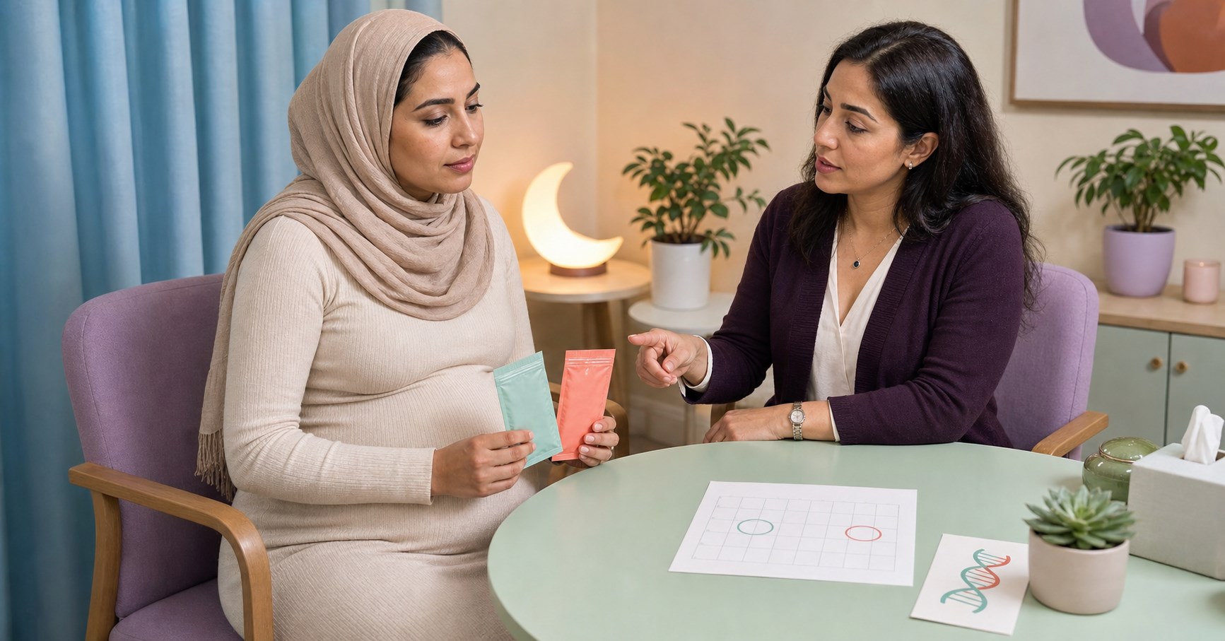 Pregnant woman holds two sealed testing envelopes while a counselor points between them beside a calendar and DNA symbol.