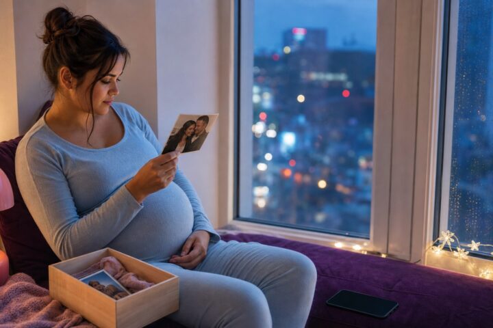Pregnant woman sits by a rainy evening window looking at an old photograph of herself with a former partner.