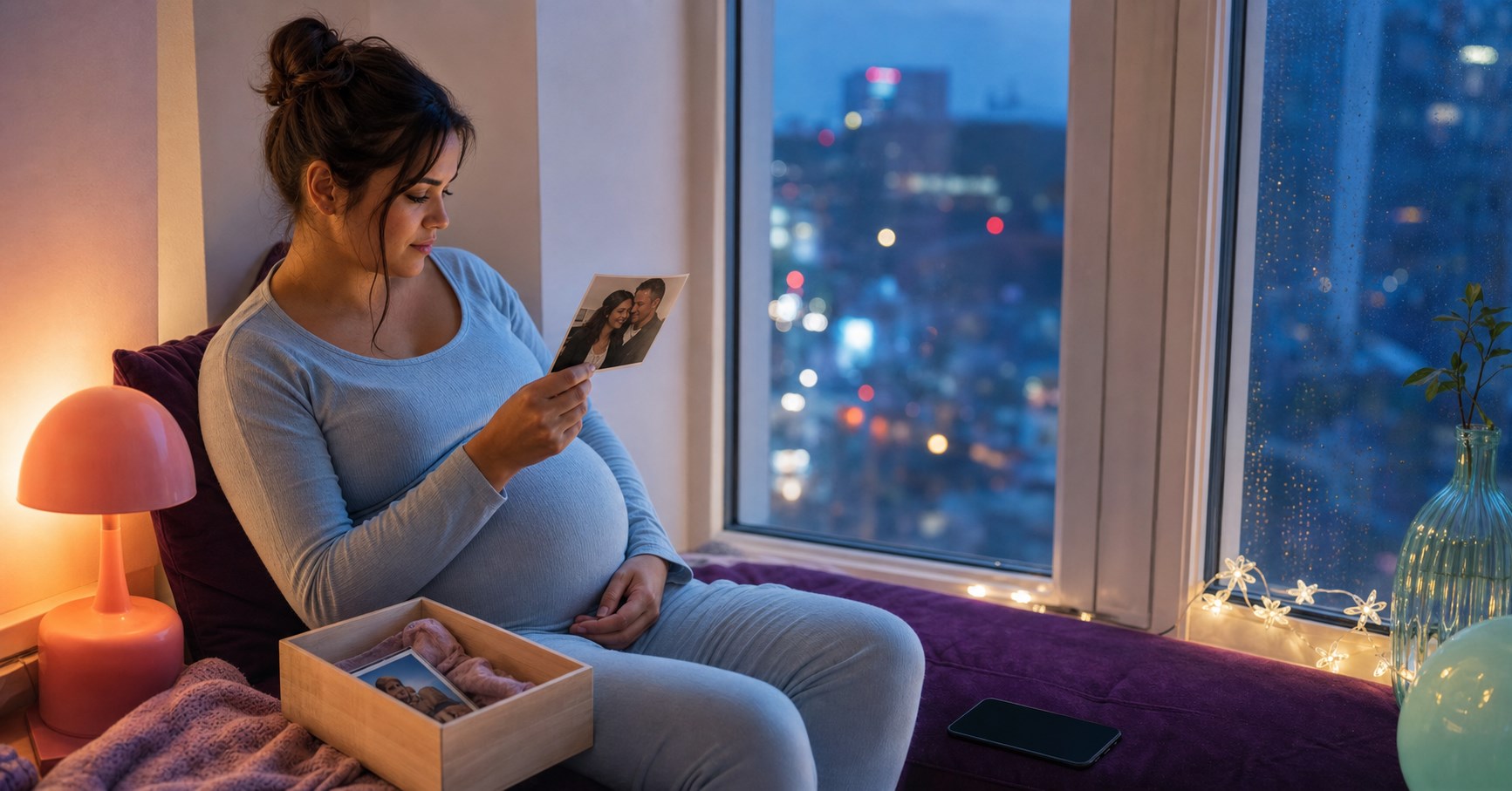 Pregnant woman sits by a rainy evening window looking at an old photograph of herself with a former partner.