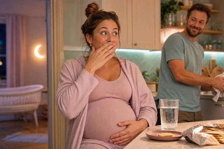 Pregnant woman covers her mouth beside sparkling water and crackers while her partner smiles in an evening kitchen.