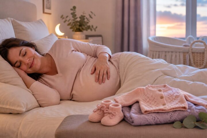 Pregnant woman smiles in her sleep beside blush baby clothes and booties at dawn.