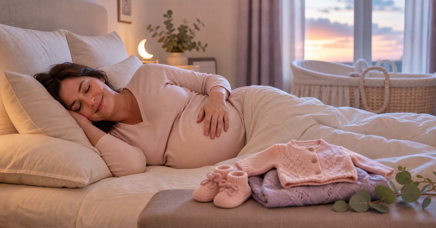 Pregnant woman smiles in her sleep beside blush baby clothes and booties at dawn.