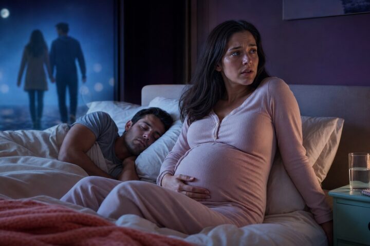 Pregnant woman sits awake in bed beside her sleeping partner while a blurred couple appears in a blue dream reflection.