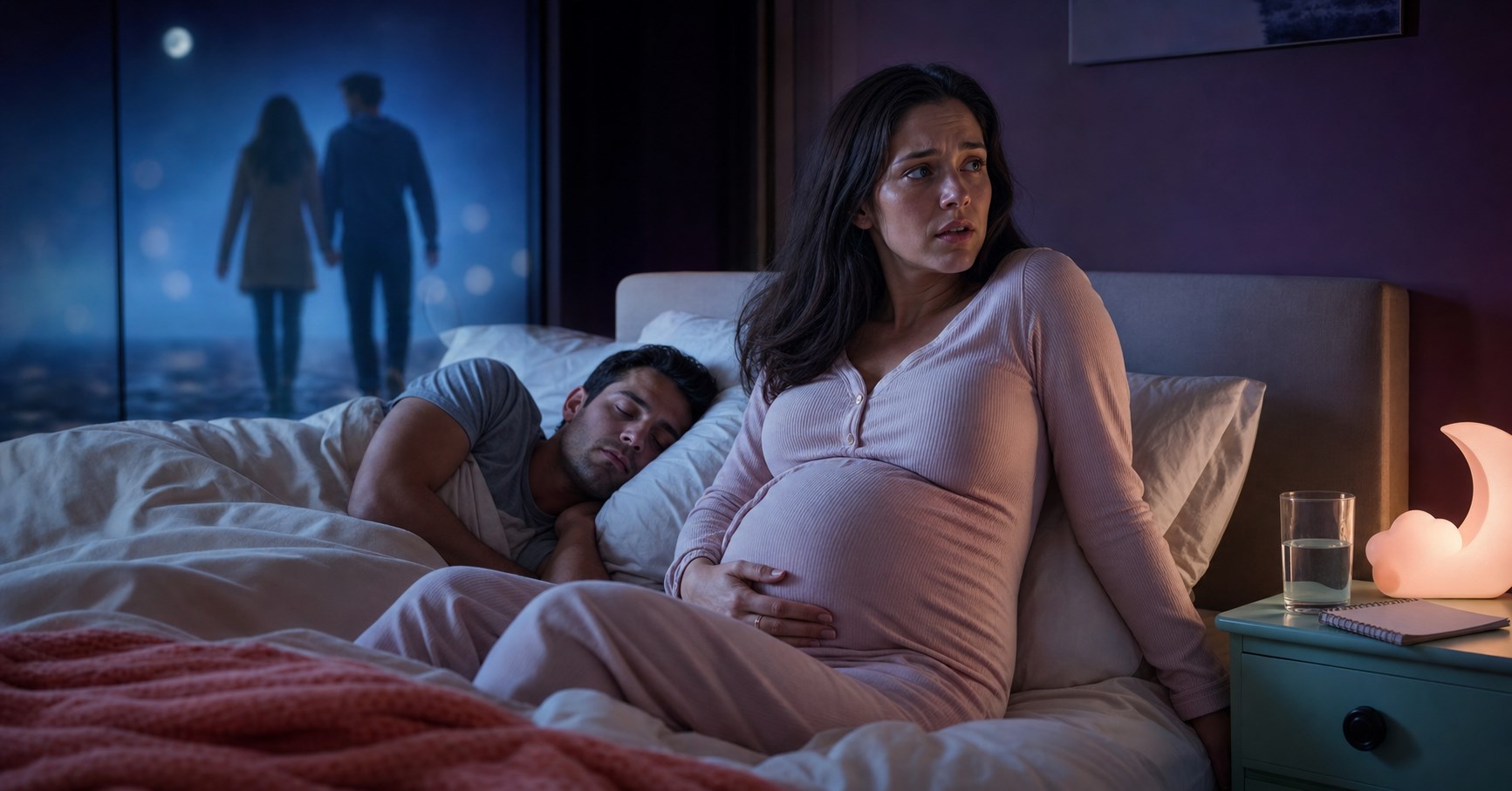 Pregnant woman sits awake in bed beside her sleeping partner while a blurred couple appears in a blue dream reflection.
