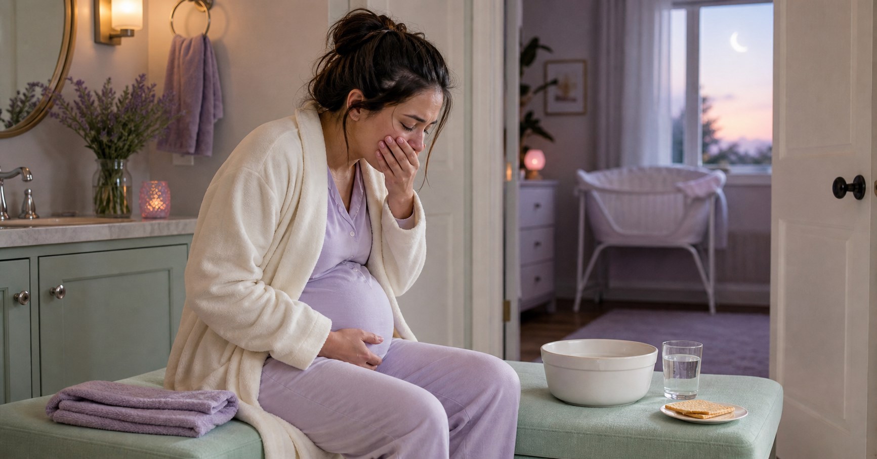 Pregnant woman in lavender pajamas sits by a basin with one hand over her mouth, with water and crackers nearby.