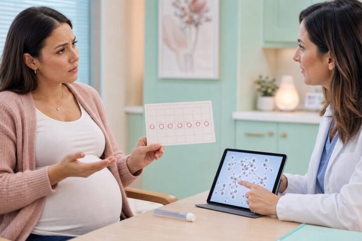 Pregnant woman holds a calendar with repeated circles while a clinician points to yeast cells on a tablet.