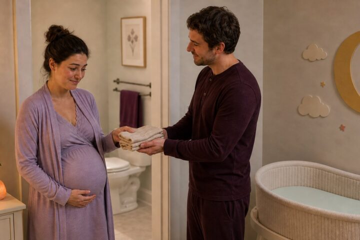 A pregnant woman accepts folded clean pajamas from her supportive partner beside an open bathroom doorway and bare bassinet.