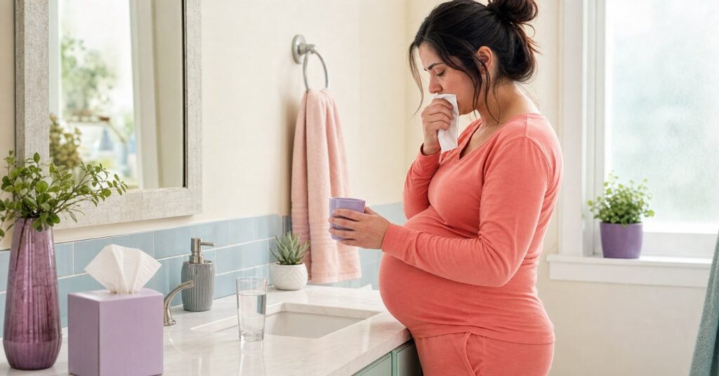 Pregnant woman holds a tissue to her lips and a lavender cup beside a bright bathroom sink.