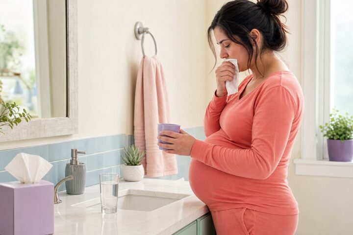 Pregnant woman holds a tissue to her lips and a lavender cup beside a bright bathroom sink.