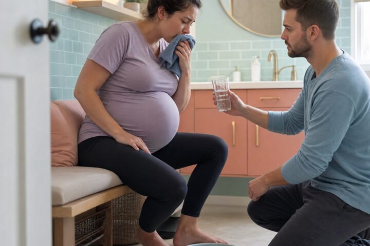 Pregnant woman holding a washcloth to her mouth while her partner offers water in a bathroom.