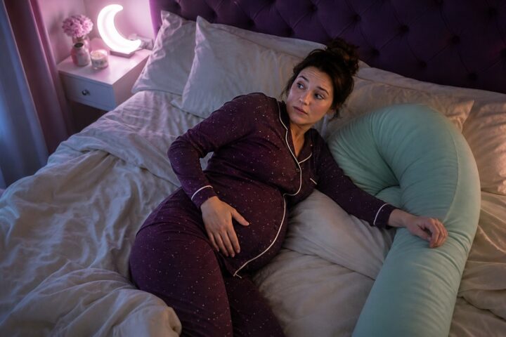 Pregnant woman wakes at night and begins turning from her back toward a mint body pillow.