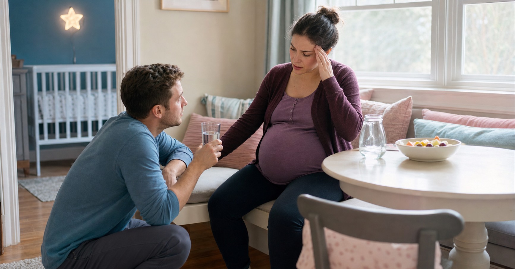 Pregnant woman sits with one hand at her temple while her partner offers water in a breakfast nook.