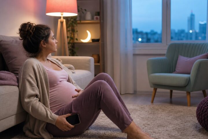 Pregnant woman sits alone on the floor with one hand on her belly and a dark phone in the other, facing an empty mint chair at dusk.
