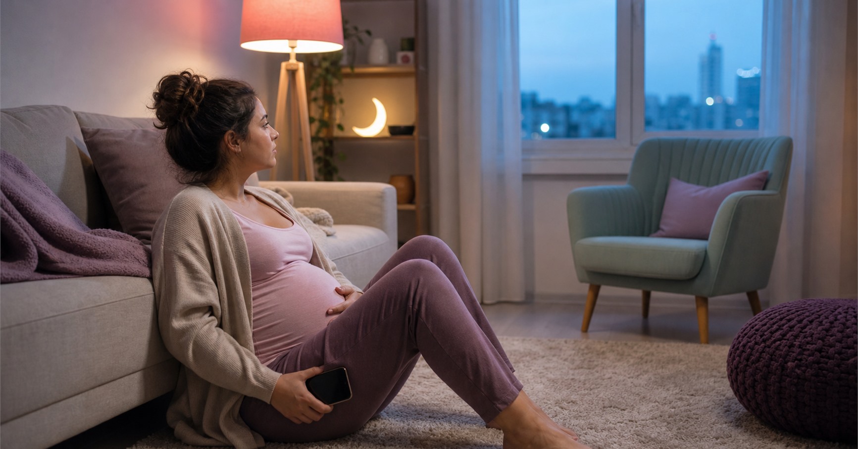 Pregnant woman sits alone on the floor with one hand on her belly and a dark phone in the other, facing an empty mint chair at dusk.