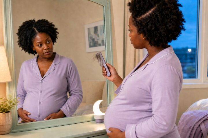 Pregnant woman in lavender pajamas examines loose strands caught in a comb while looking at her reflection.