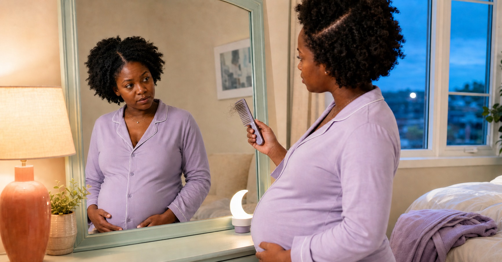 Pregnant woman in lavender pajamas examines loose strands caught in a comb while looking at her reflection.