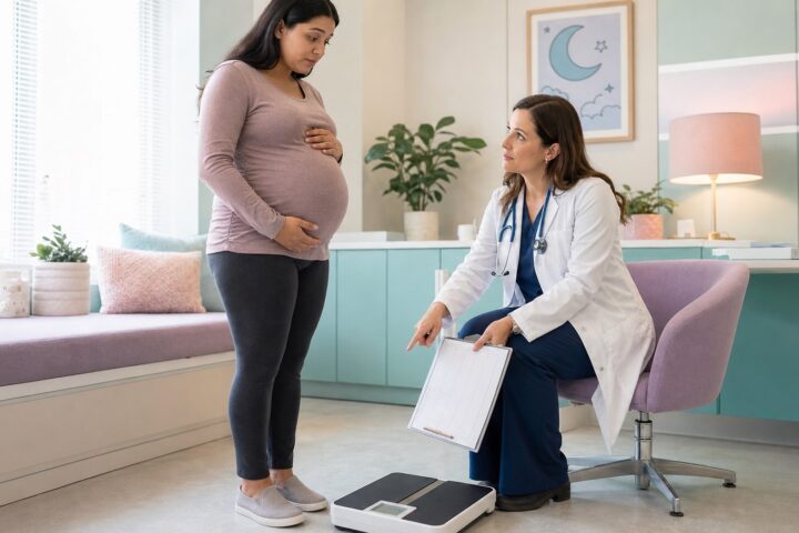 Pregnant woman stands beside a digital scale while a prenatal clinician listens and gestures toward it.