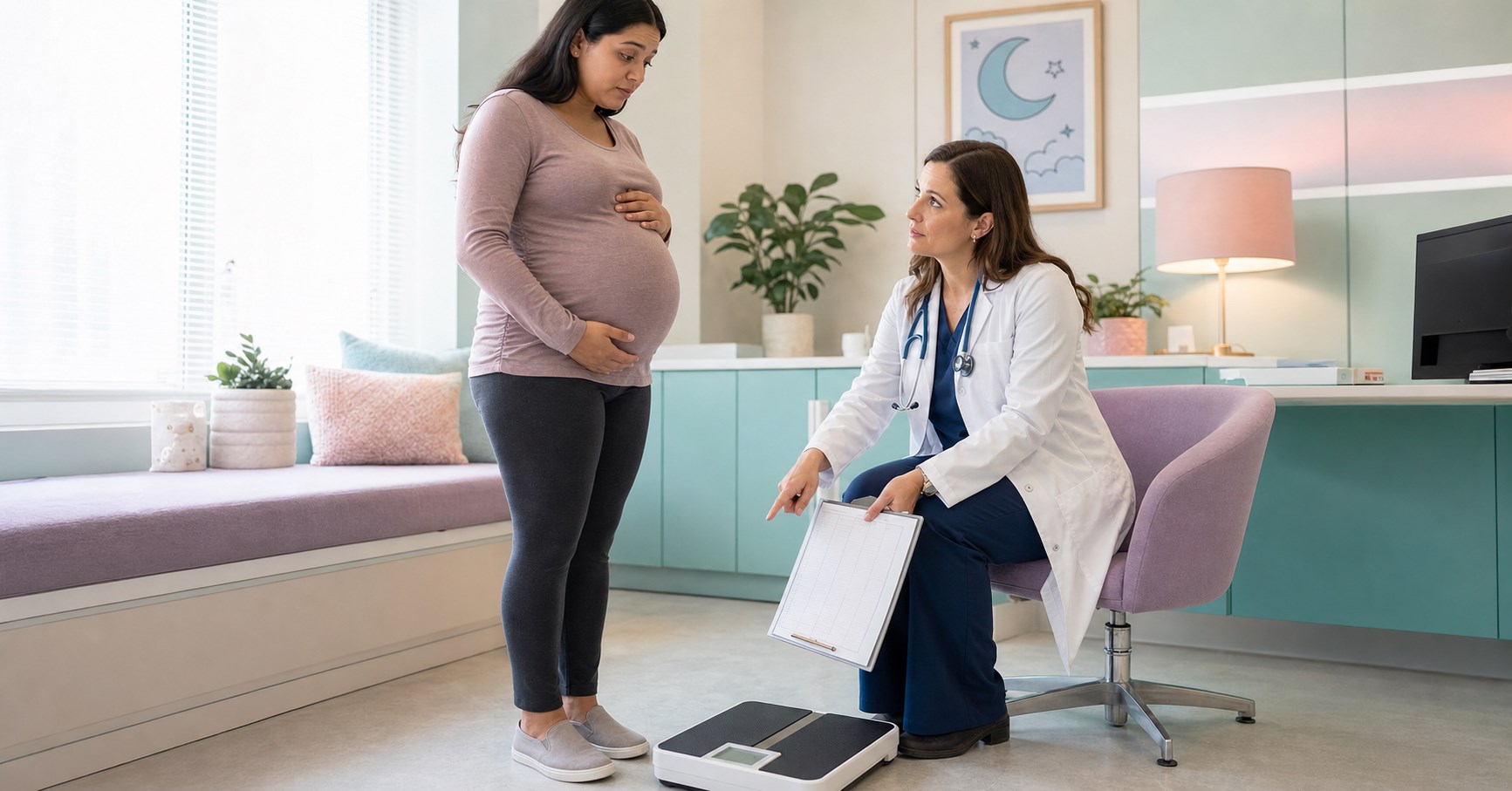 Pregnant woman stands beside a digital scale while a prenatal clinician listens and gestures toward it.
