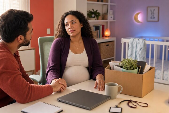 Pregnant woman holds her partner's hand beside a closed laptop and a box of packed work items in a nursery office.