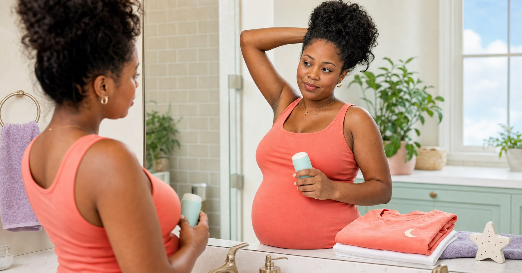 Pregnant woman raises one arm at the bathroom mirror while holding an unbranded mint deodorant stick.