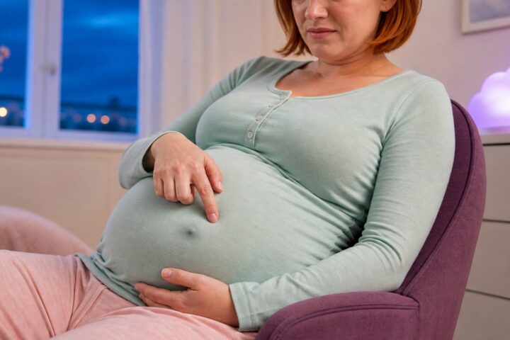 Pregnant woman points to her belly button through a mint sleep top while supporting her abdomen in a plum chair.