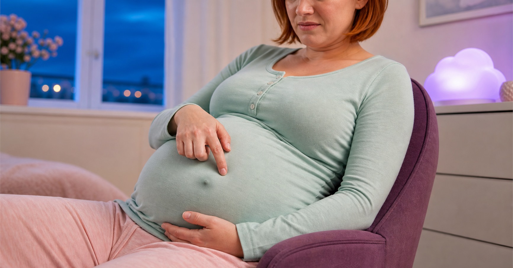 Pregnant woman points to her belly button through a mint sleep top while supporting her abdomen in a plum chair.