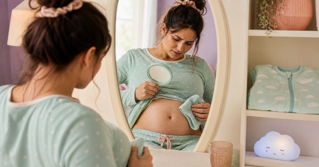 Pregnant woman examines her belly button in a vanity mirror while holding a soft washcloth.