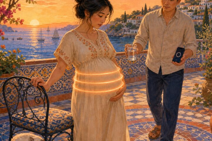 A pregnant woman steadies herself by a chair as three glowing bands circle her belly and her partner offers water and a timer.