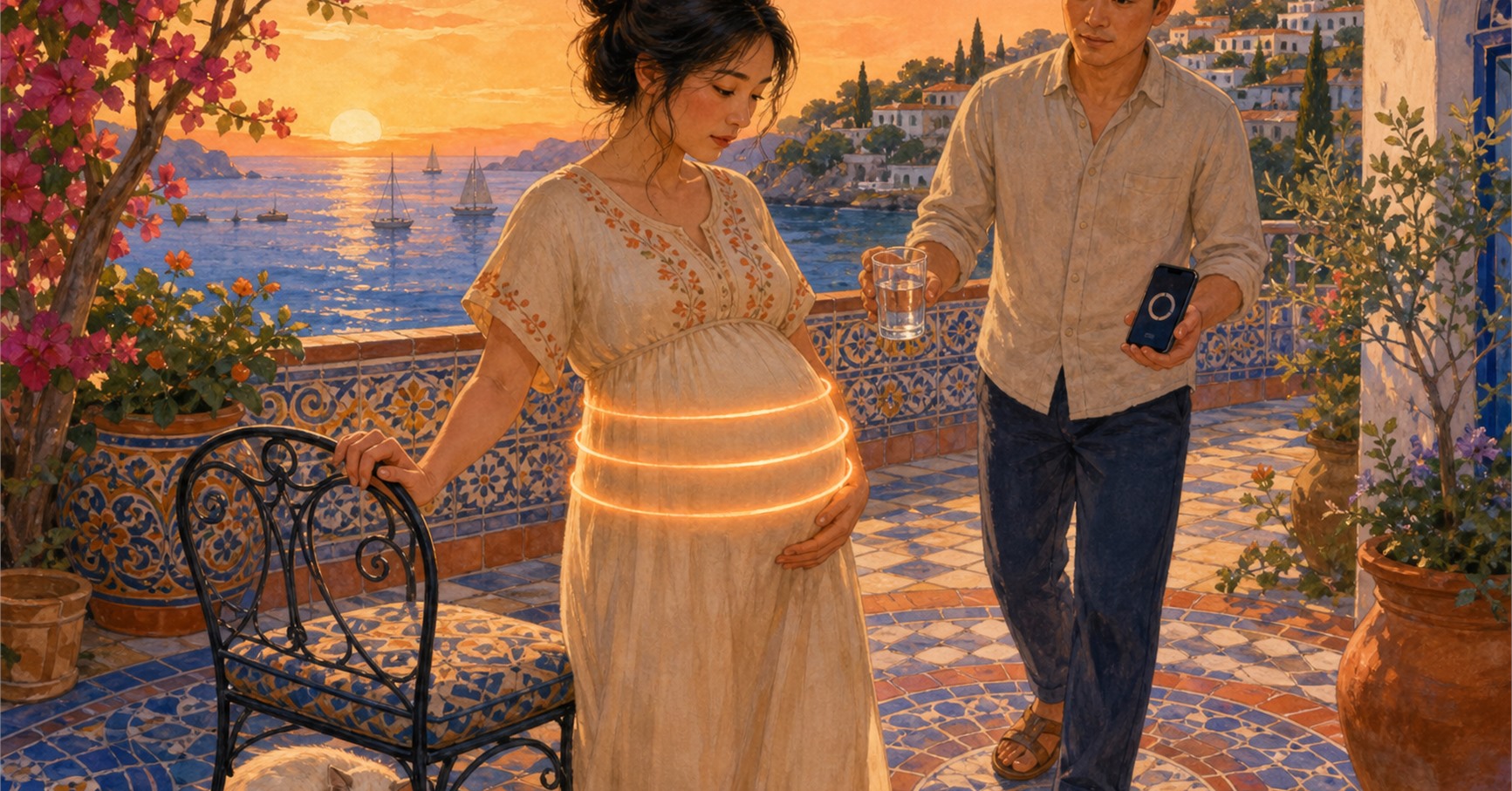 A pregnant woman steadies herself by a chair as three glowing bands circle her belly and her partner offers water and a timer.