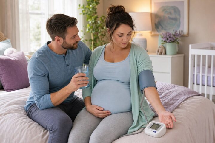 Pregnant woman checks blood pressure with an upper-arm cuff while her partner offers water beside an empty crib.