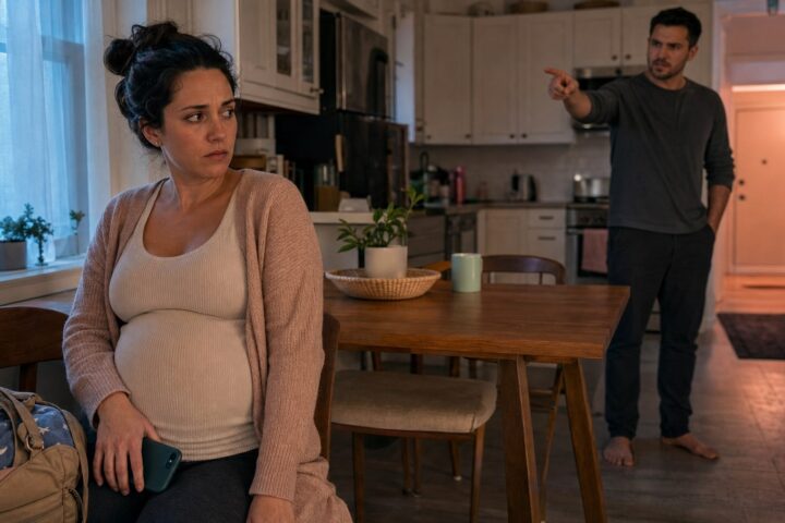 Pregnant woman holds a phone beside a packed bag while her boyfriend points at her from across the kitchen.