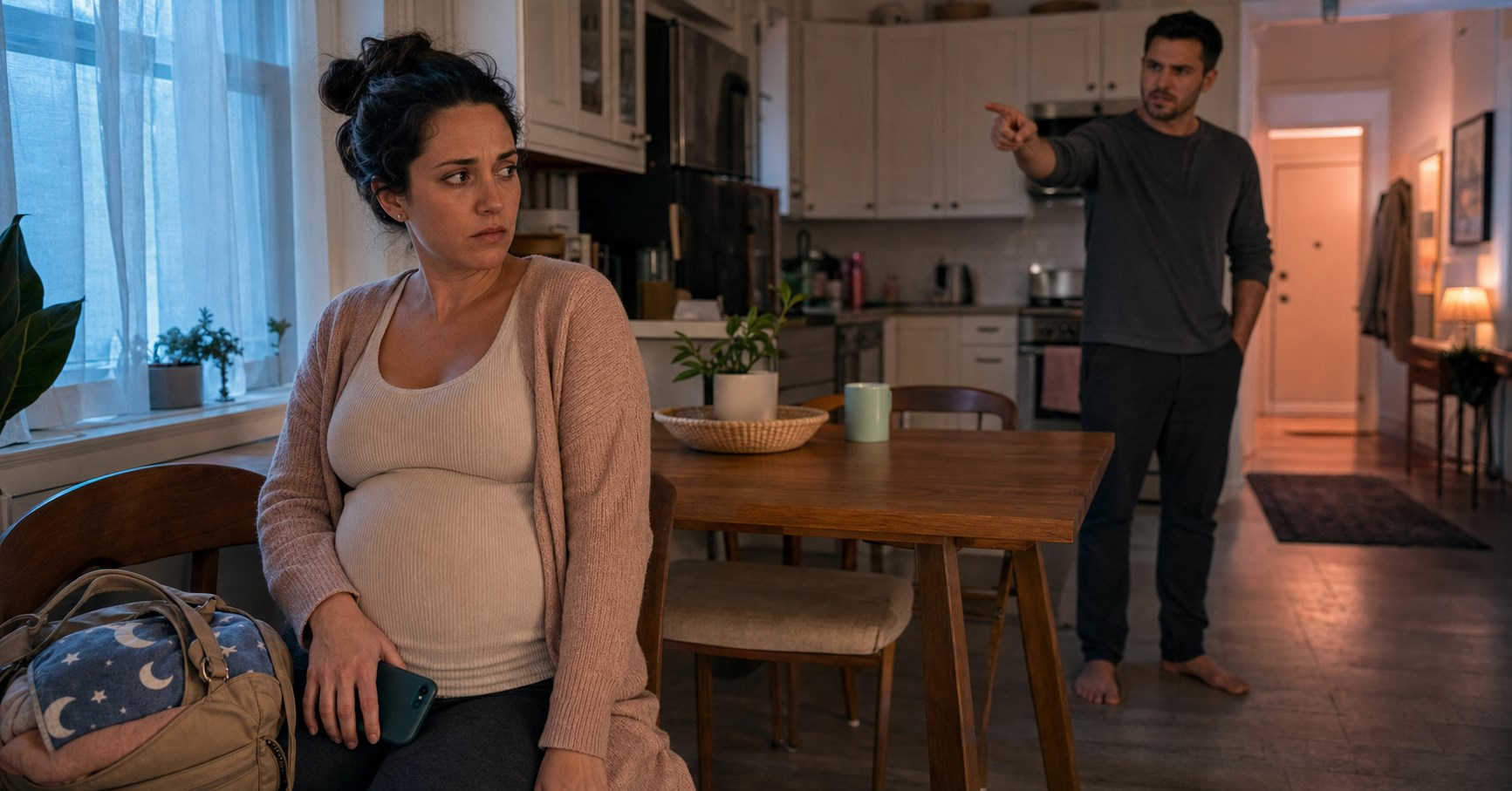 Pregnant woman holds a phone beside a packed bag while her boyfriend points at her from across the kitchen.