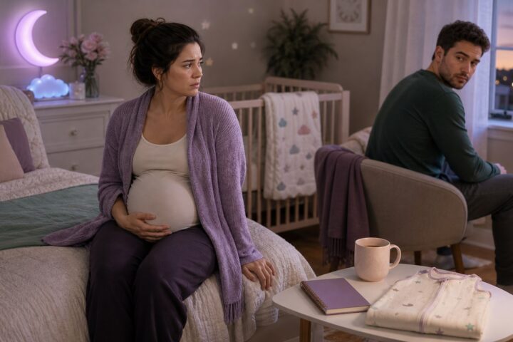 Pregnant woman sits on a bed looking toward her emotionally distant boyfriend in a softly lit nursery bedroom