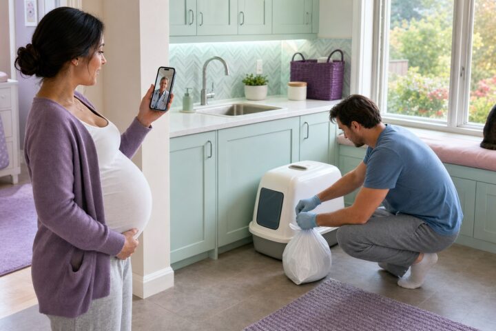 Pregnant woman speaks to a clinician on her phone while her gloved partner seals a waste bag beside the covered litter box and their cat sits by the window.