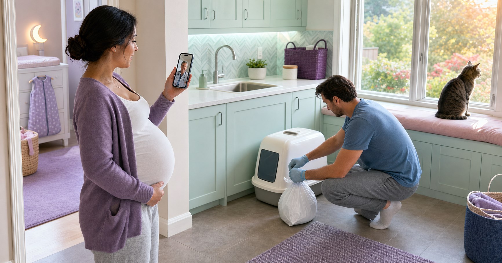 Pregnant woman speaks to a clinician on her phone while her gloved partner seals a waste bag beside the covered litter box and their cat sits by the window.