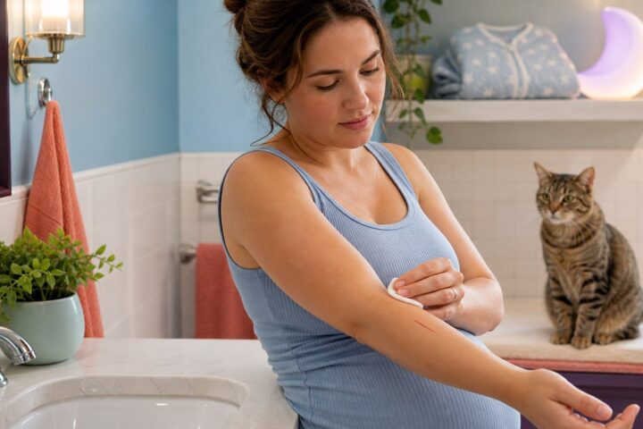 Pregnant woman checks a small scratch on her forearm while her tabby cat sits nearby.