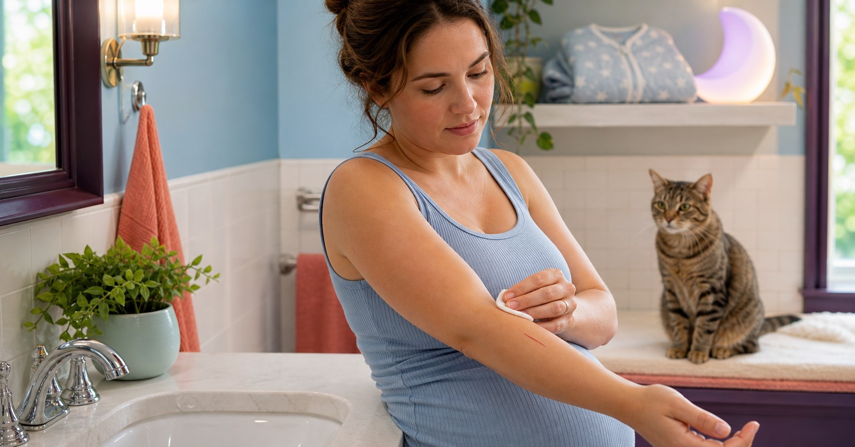Pregnant woman checks a small scratch on her forearm while her tabby cat sits nearby.