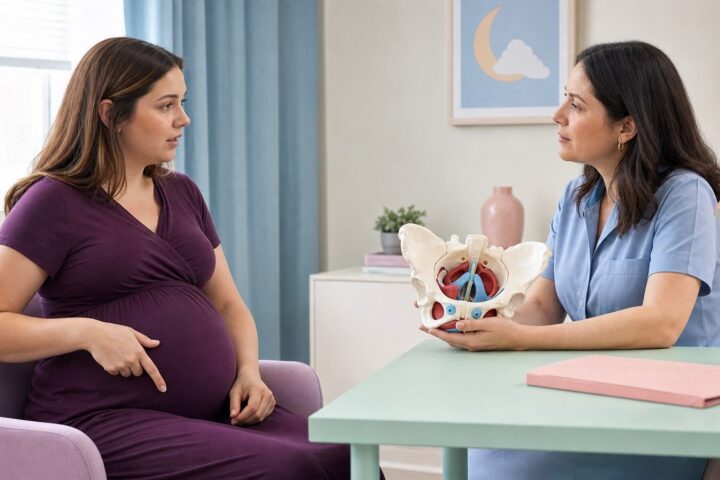Fully clothed pregnant woman gestures toward her lower pelvis while a clinician holds an anatomical pelvis model.