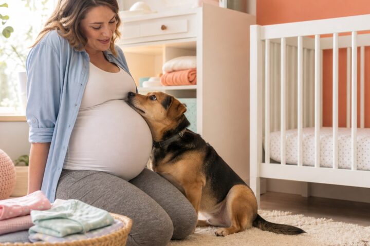 Pregnant woman kneeling beside an empty crib while her dog rests its muzzle against her belly.