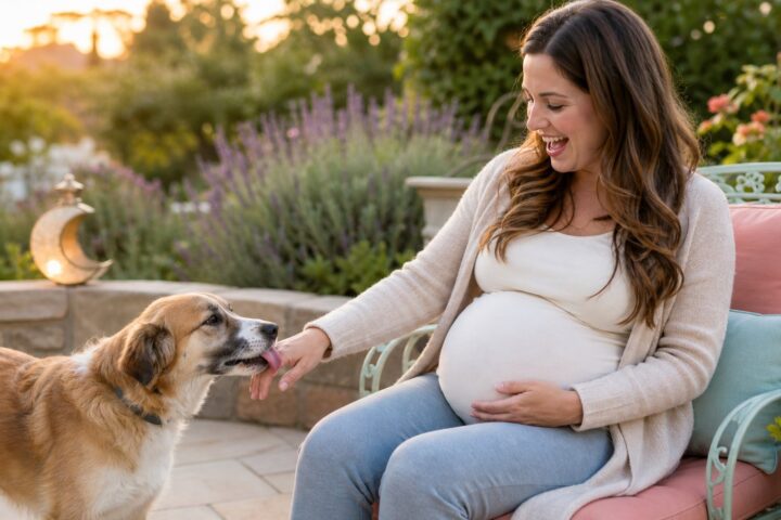 Friendly dog licks a smiling pregnant woman's hand beside a mint patio chair at sunset.