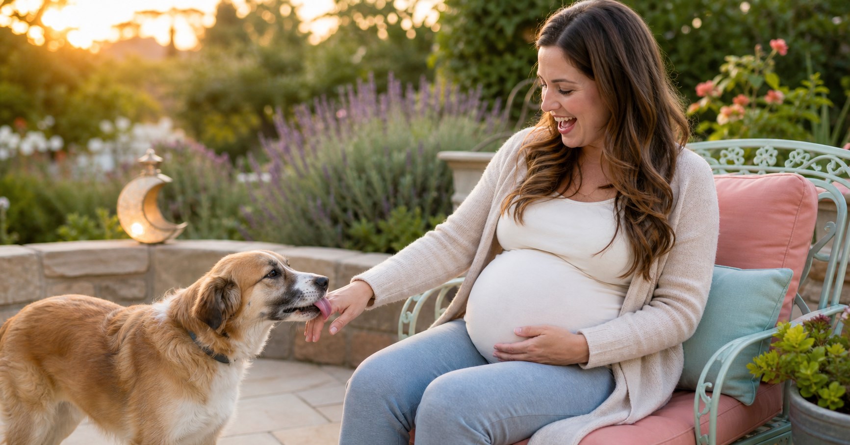 Friendly dog licks a smiling pregnant woman's hand beside a mint patio chair at sunset.
