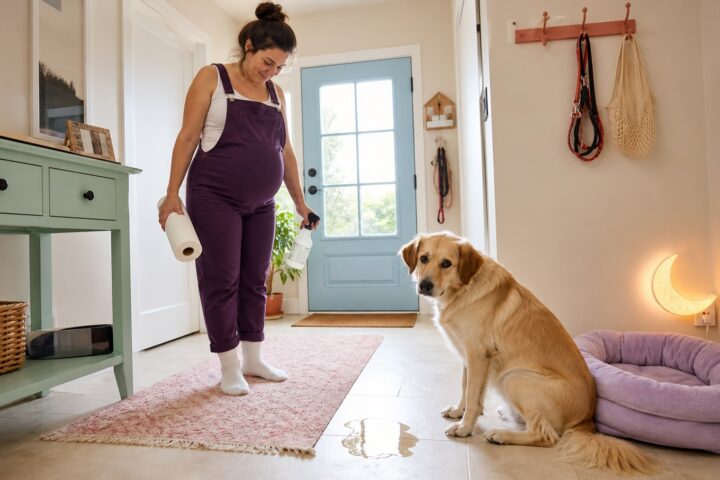 Pregnant woman holds paper towels and pet-safe spray beside her dog and a small puddle on the tile.