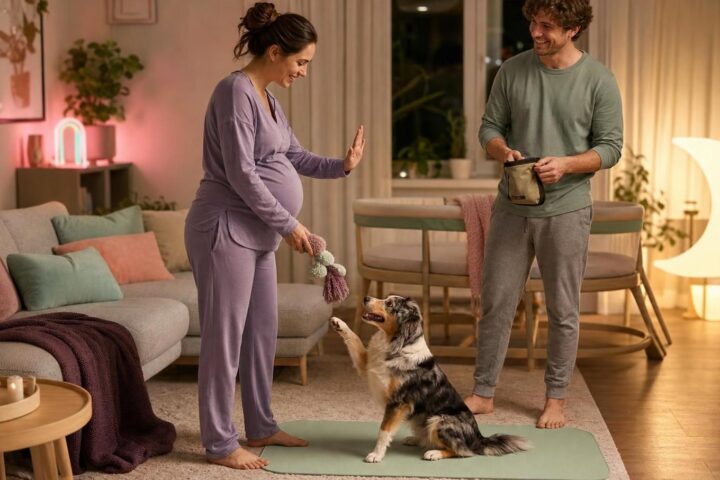 Pregnant woman in lavender pajamas gives a calm hand cue to an excited dog sitting on a mint training mat.