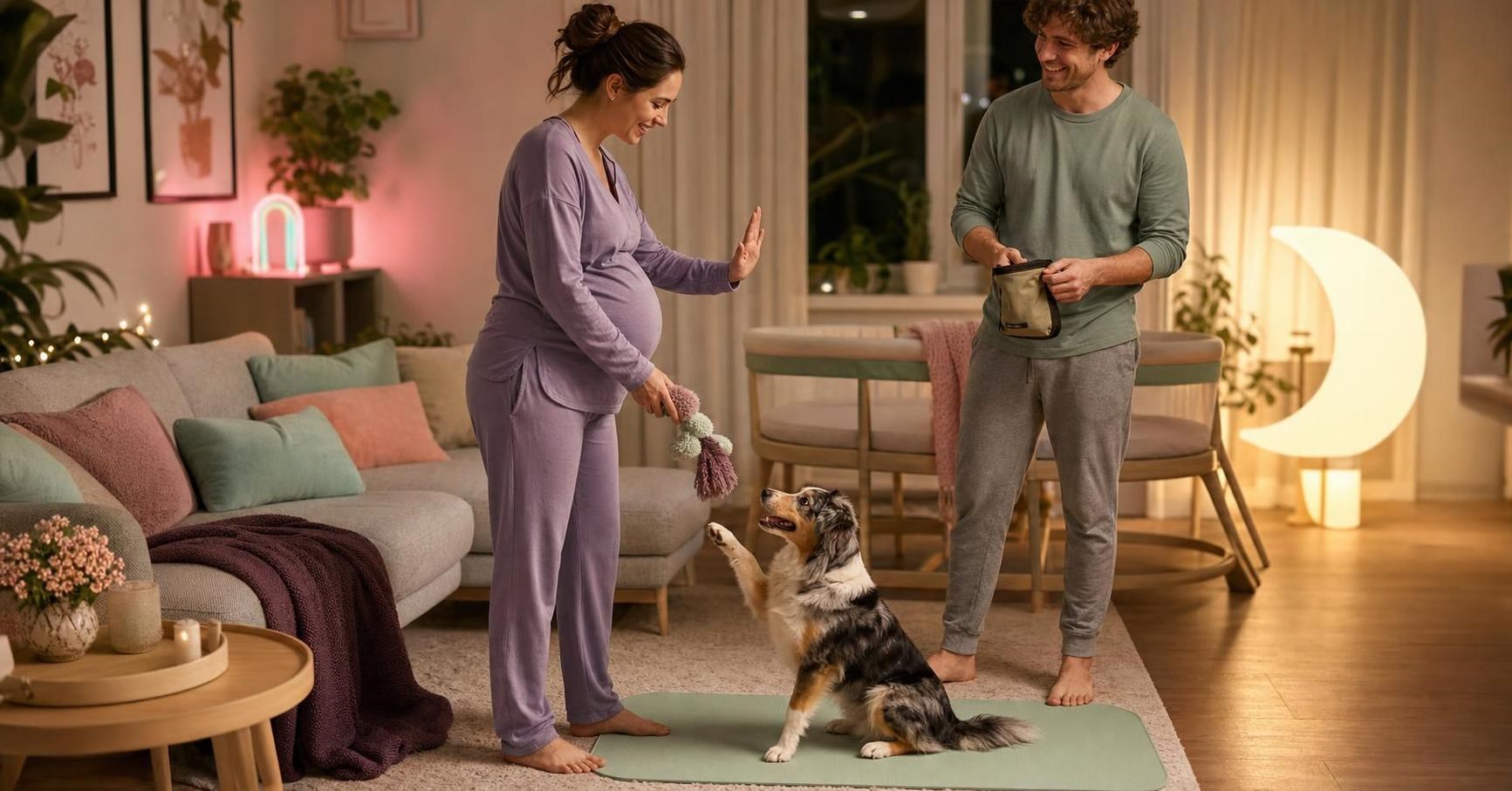 Pregnant woman in lavender pajamas gives a calm hand cue to an excited dog sitting on a mint training mat.