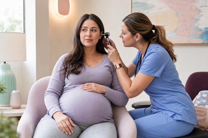 Healthcare professional examines the ear of a pregnant woman with an otoscope as the patient rests one hand on her belly.